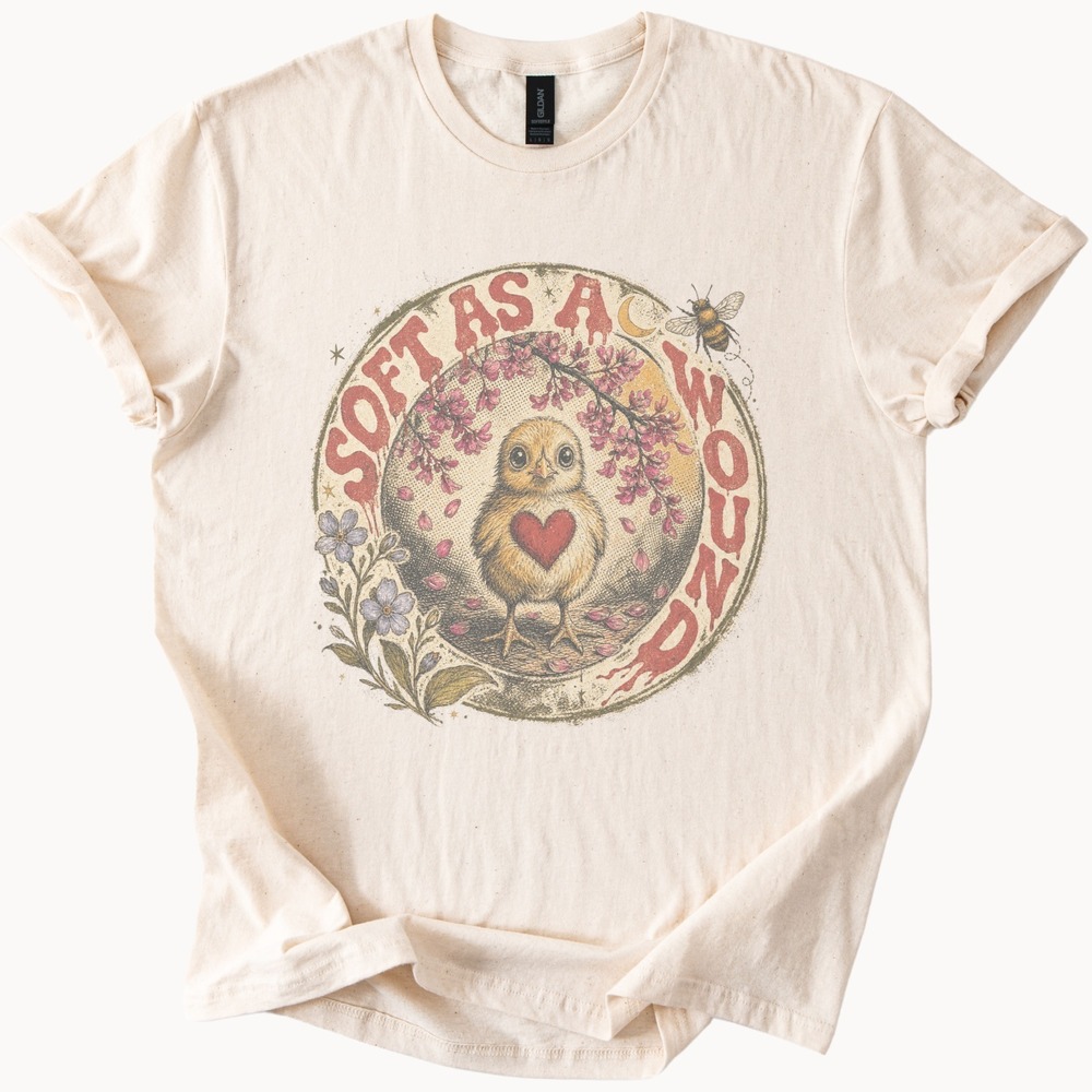 Soft Sayings Owl Heart Graphic Tee Natural Cotton Vintage Botanical Art